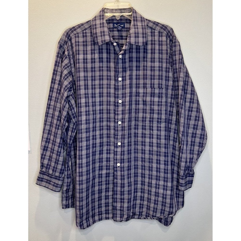 Paul Frederick Mens Blue White Sz 17-33 Striped Cotton Finest‎ Long Plaid